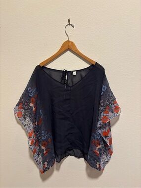 Sheer Navy Floral Kimono Sleeve Top - Navy with Orange Accents